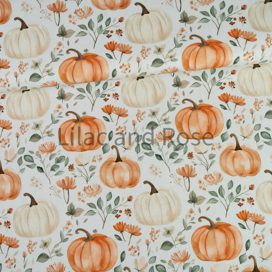 Cotton Jersey - Floral Pumpkins on White