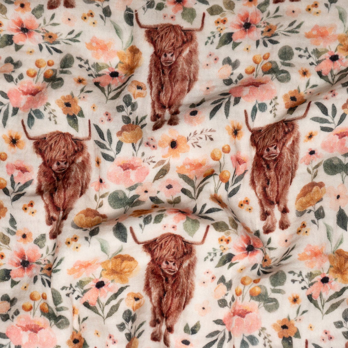 Remnant 44cm - Cotton Muslin - Highland Cow Floral