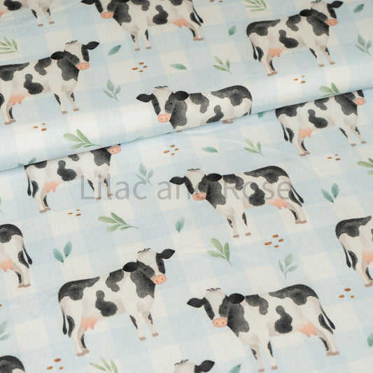 Cotton Jersey - Dairy Cows Blue Gingham
