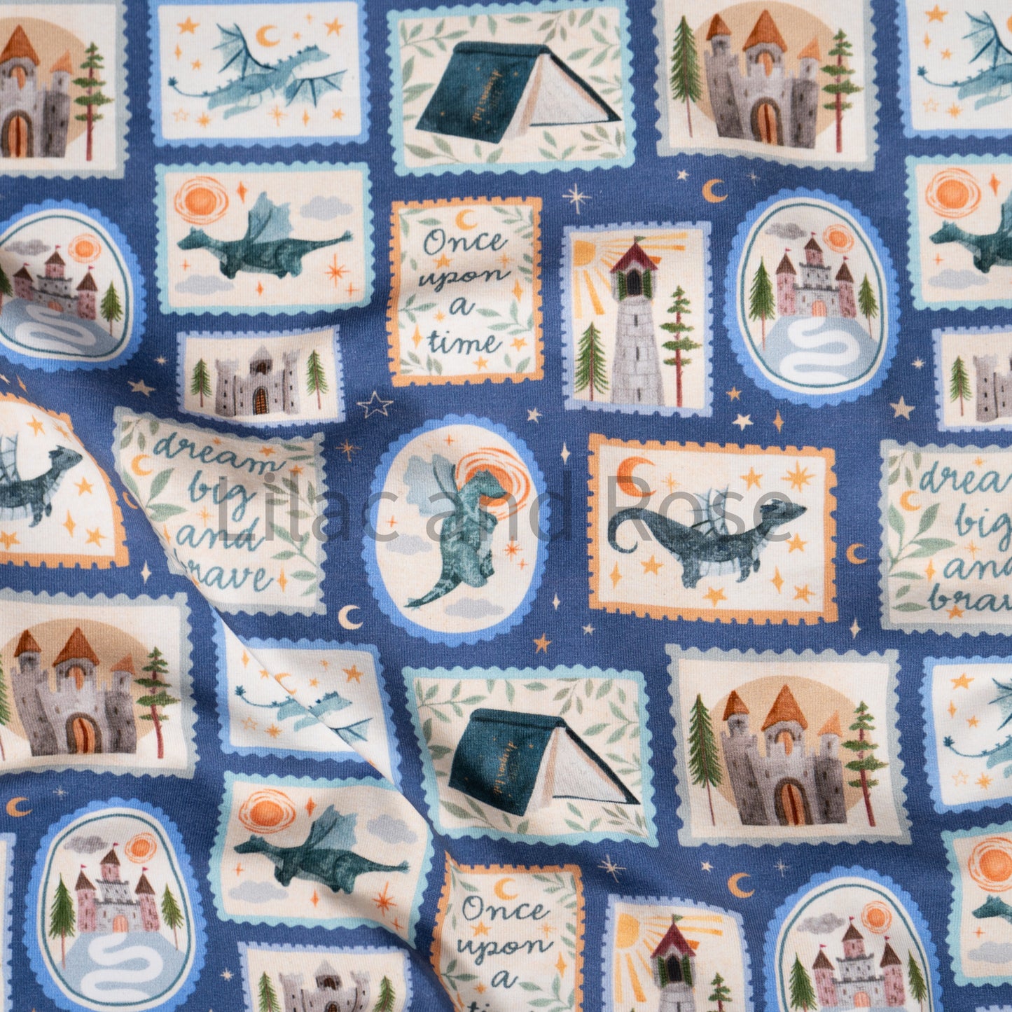 Cotton Jersey - Dragon Stamps in Indigo (Exclusive)