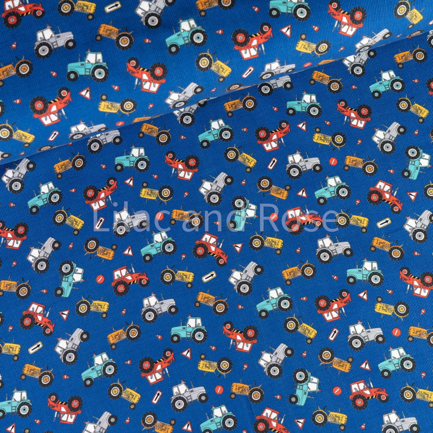 21 Wale Needlecord - Tractors on Blue
