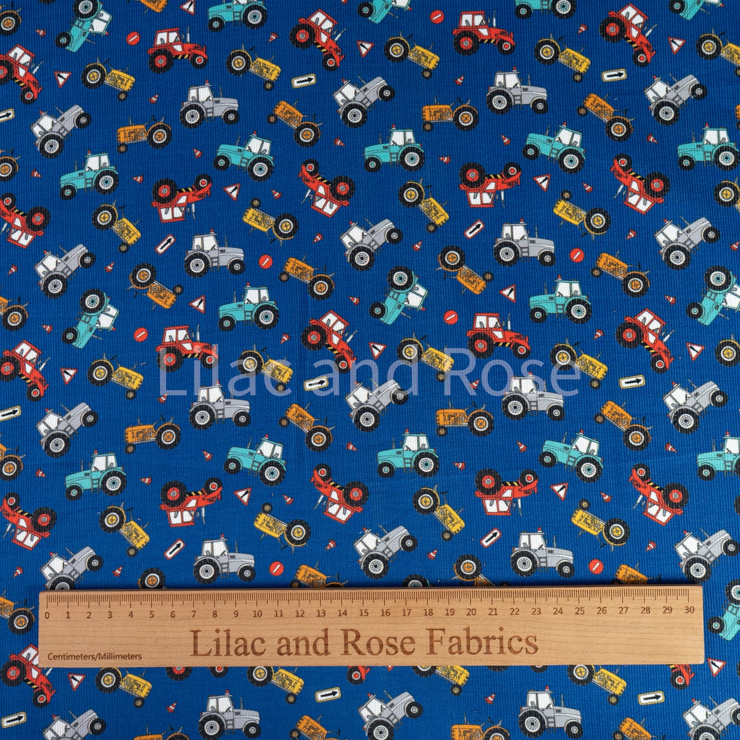 21 Wale Needlecord - Tractors on Blue