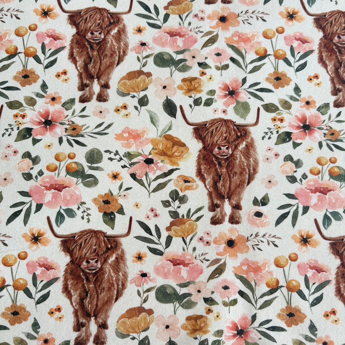 Remnant 22cm - Cotton Jersey - Highland Cow Floral