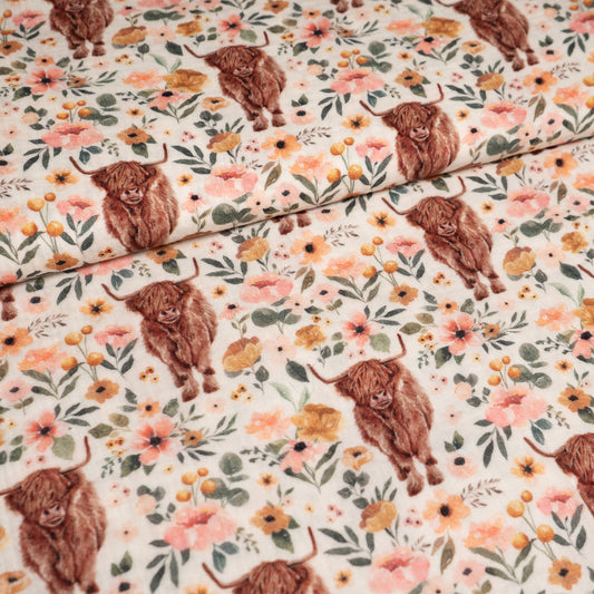 Remnant 44cm - Cotton Muslin - Highland Cow Floral