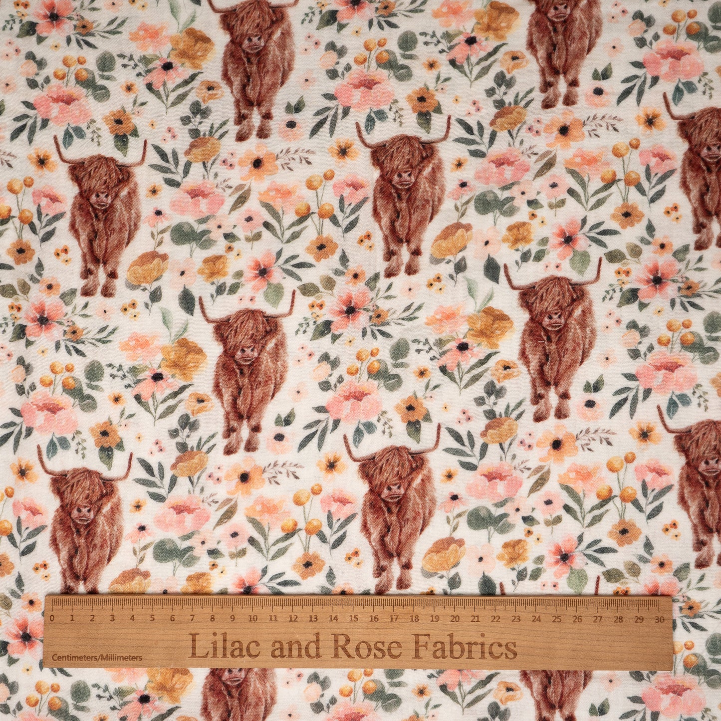 Remnant 44cm - Cotton Muslin - Highland Cow Floral
