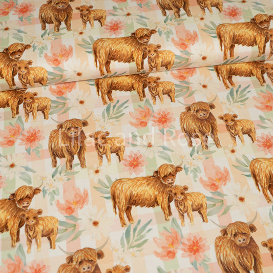 Cotton Jersey - Floral Highland Cow Gingham