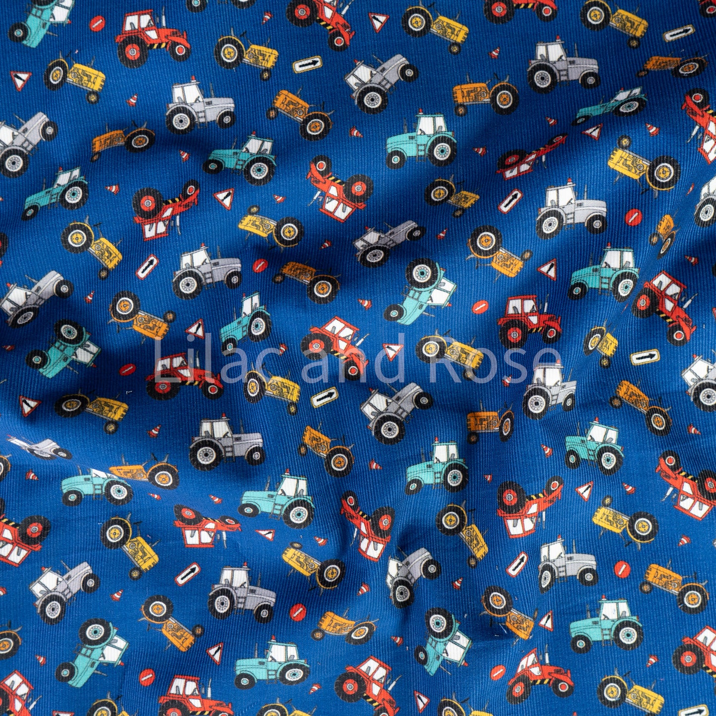 21 Wale Needlecord - Tractors on Blue