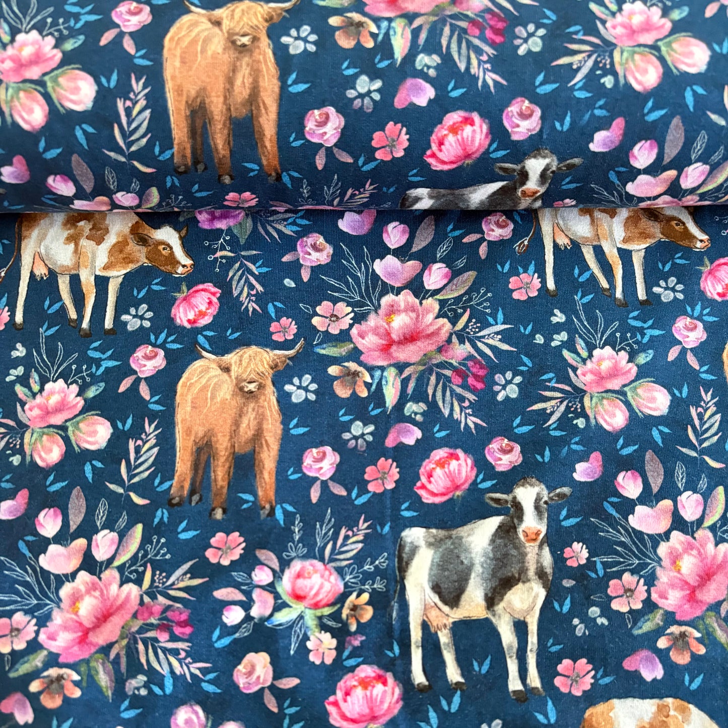 Cotton Jersey - Floral Cows - Navy