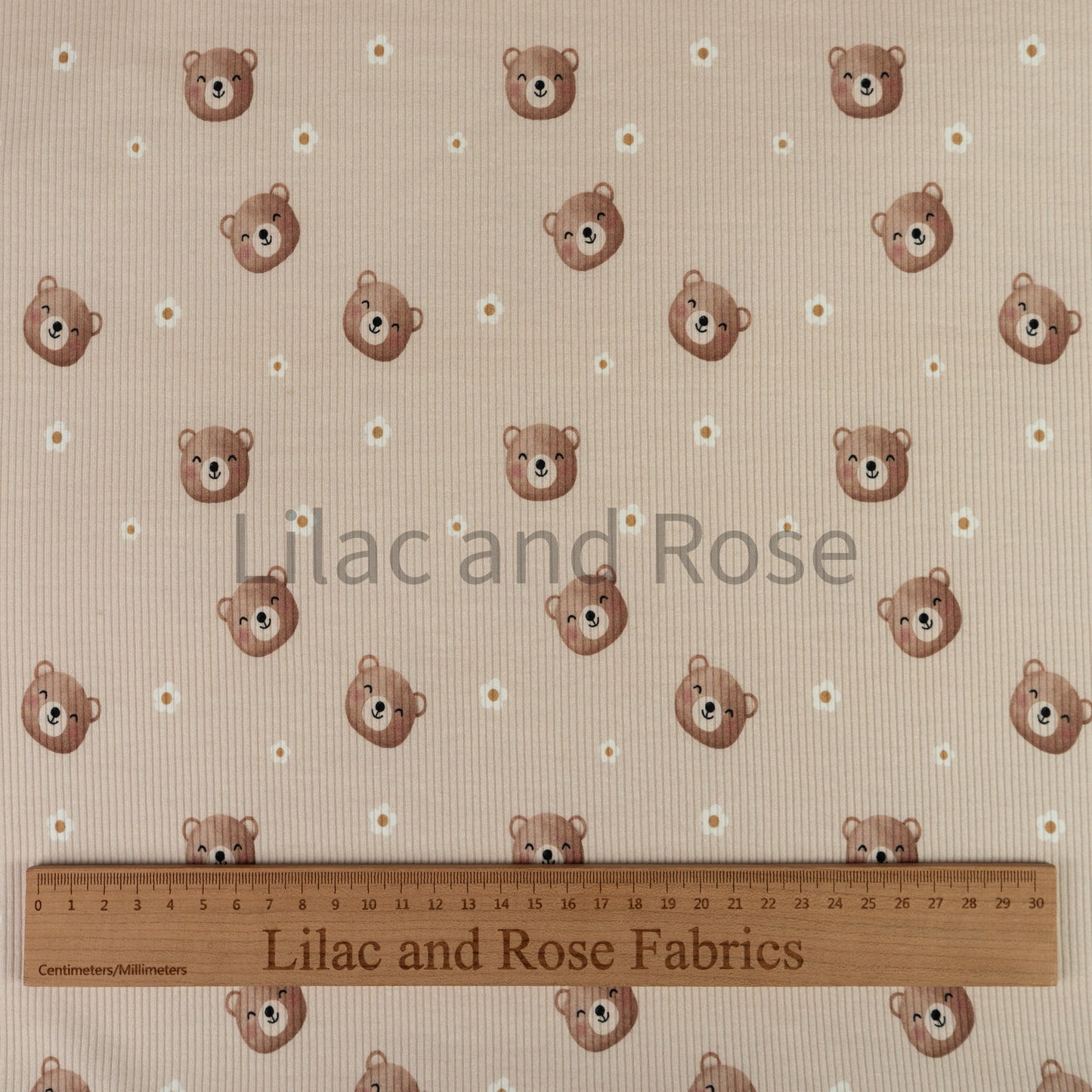 Fine Rib Knit Jersey - Bears and Flowers - Beige