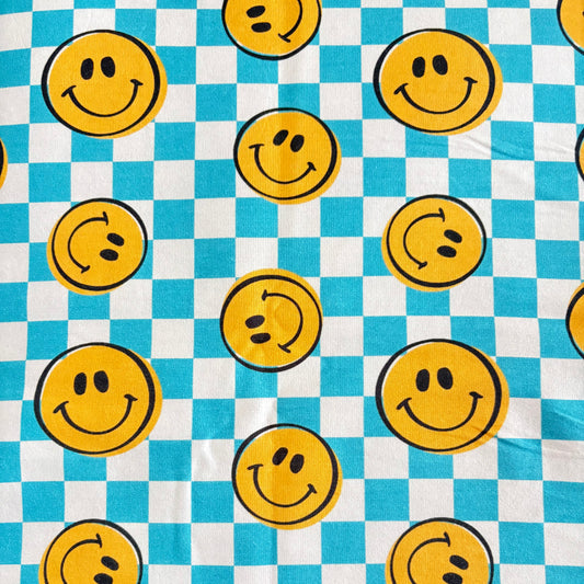 Remnant 53cm - Cotton Jersey - Happy Faces Blue Check