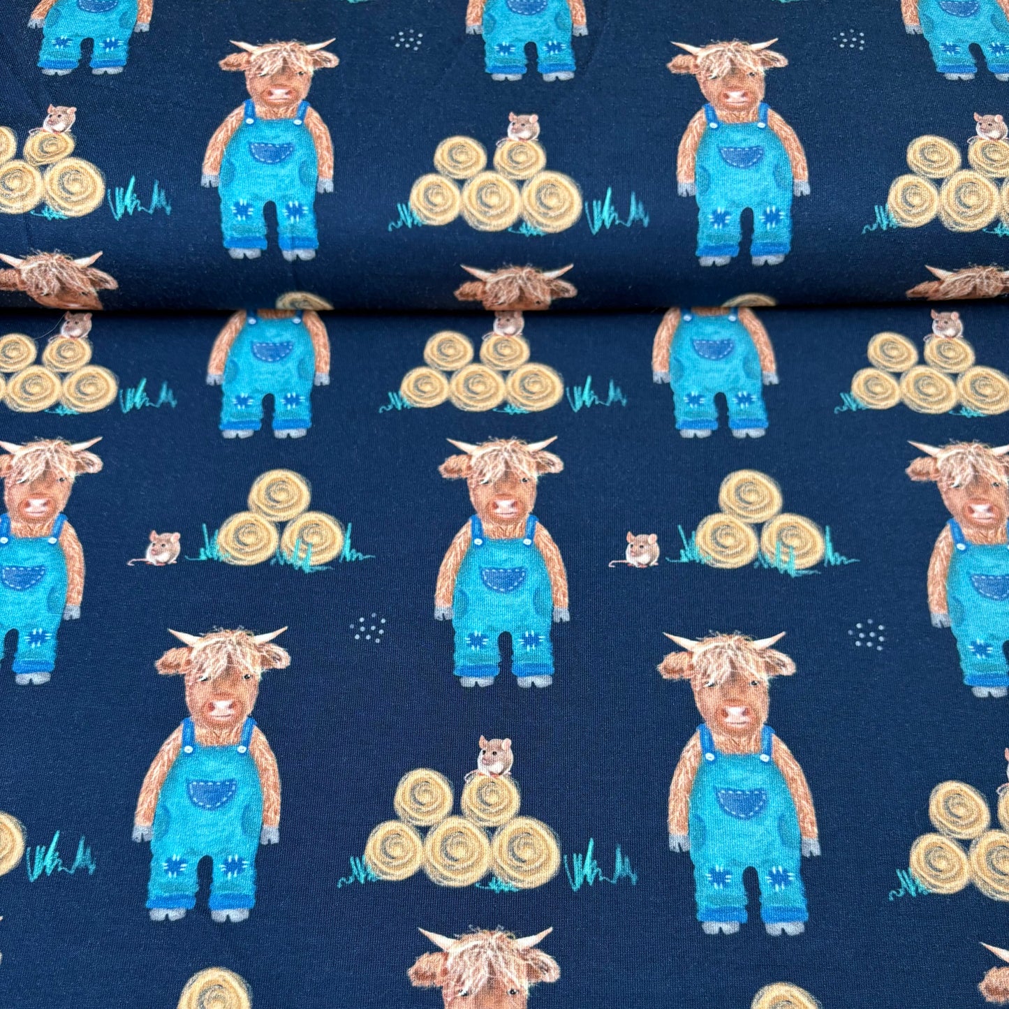 Cotton Jersey - Highland Cows in Blue