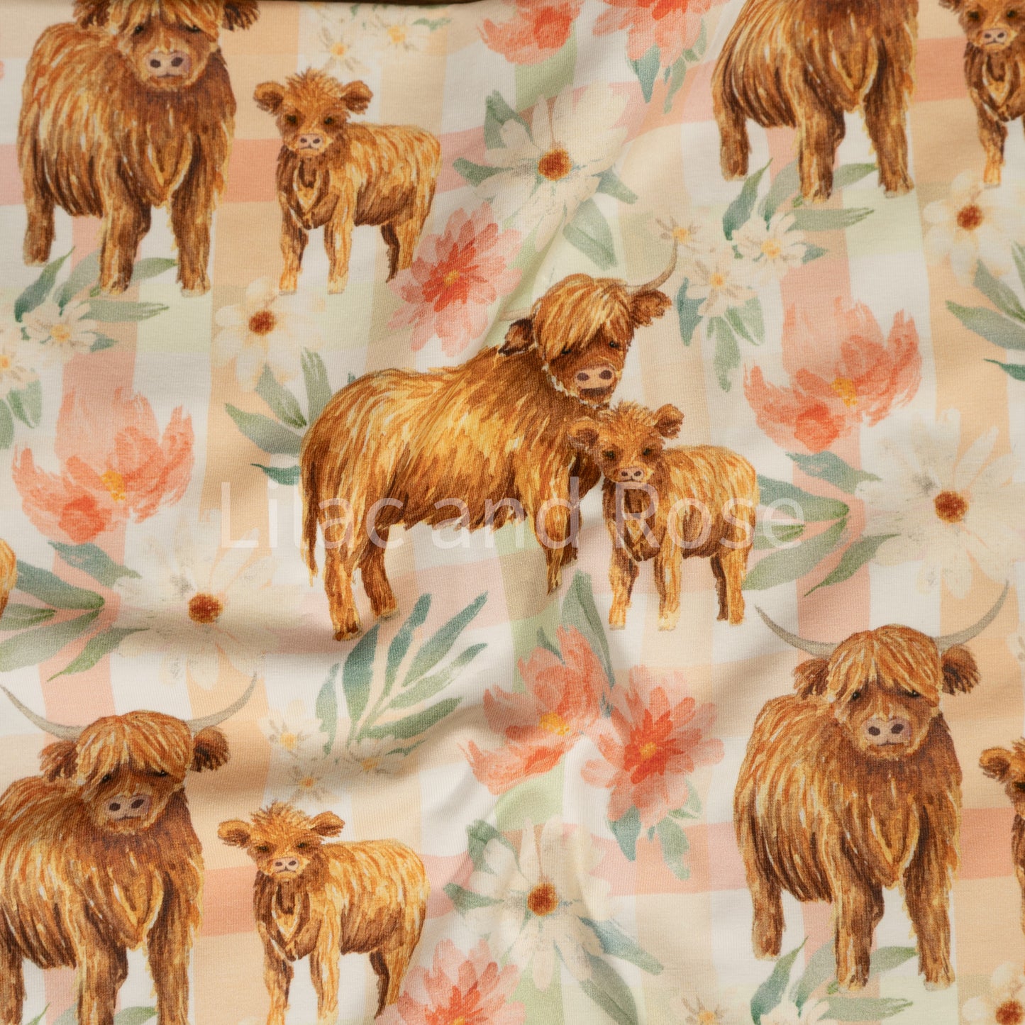 Remnant 58cm - Cotton Jersey - Floral Highland Cow Gingham
