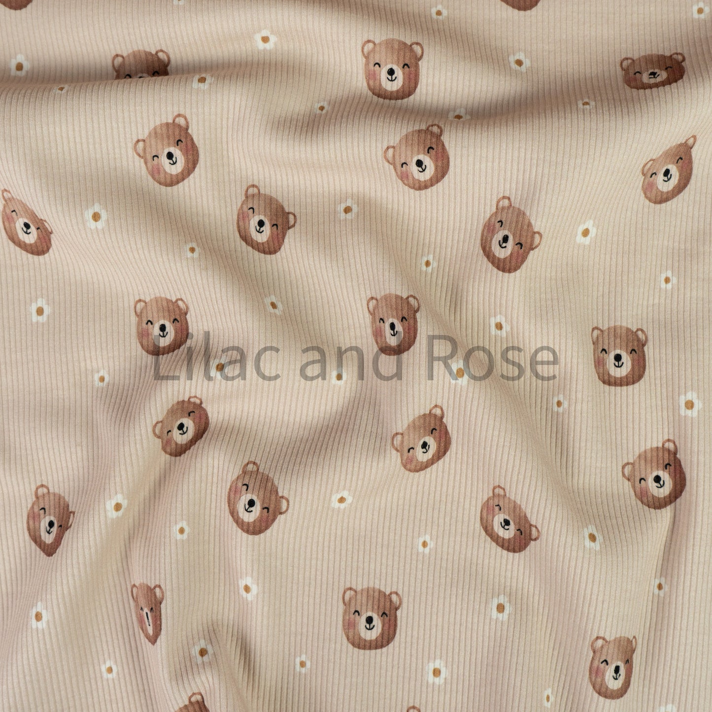 Fine Rib Knit Jersey - Bears and Flowers - Beige