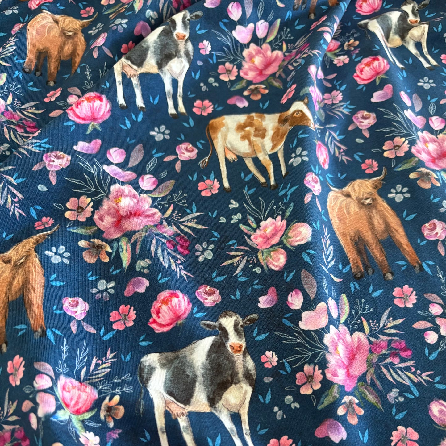 Cotton Jersey - Floral Cows - Navy