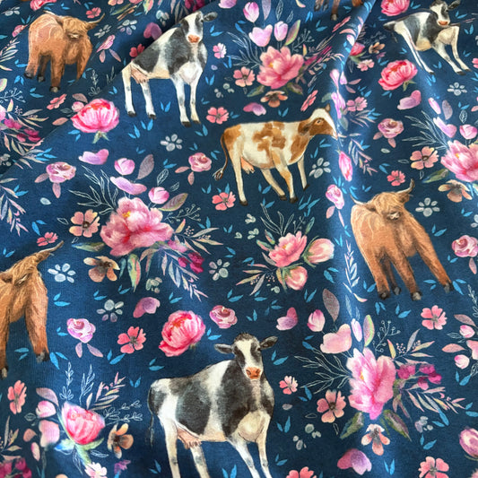 Cotton Jersey - Floral Cows - Navy