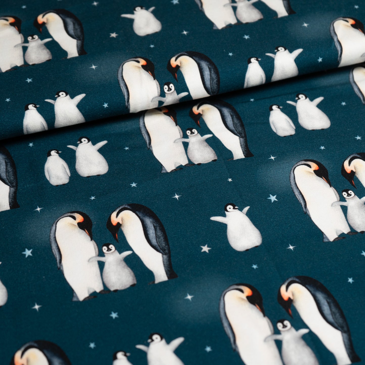 Organic Cotton Jersey 240gsm- Penguin Party on Peacock (Exclusive)