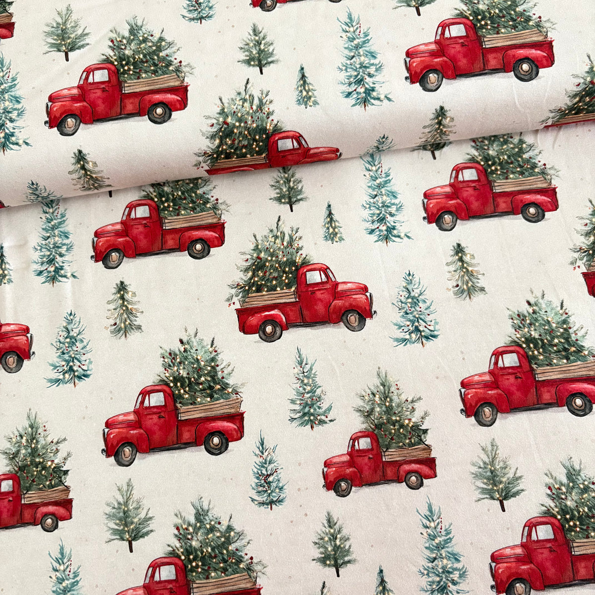 Cotton Jersey - Red Christmas Trucks
