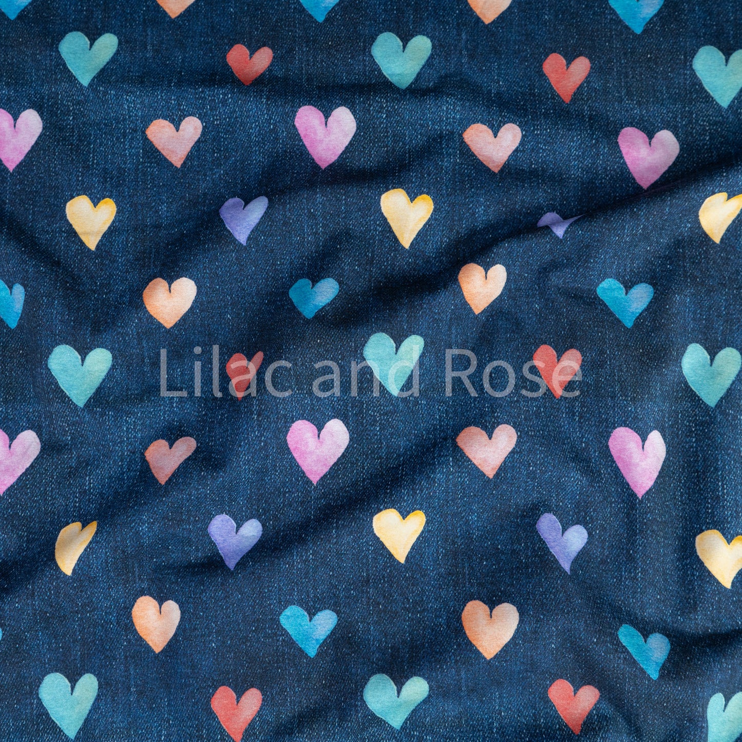 Cotton Jersey - Rainbow Hearts Denim