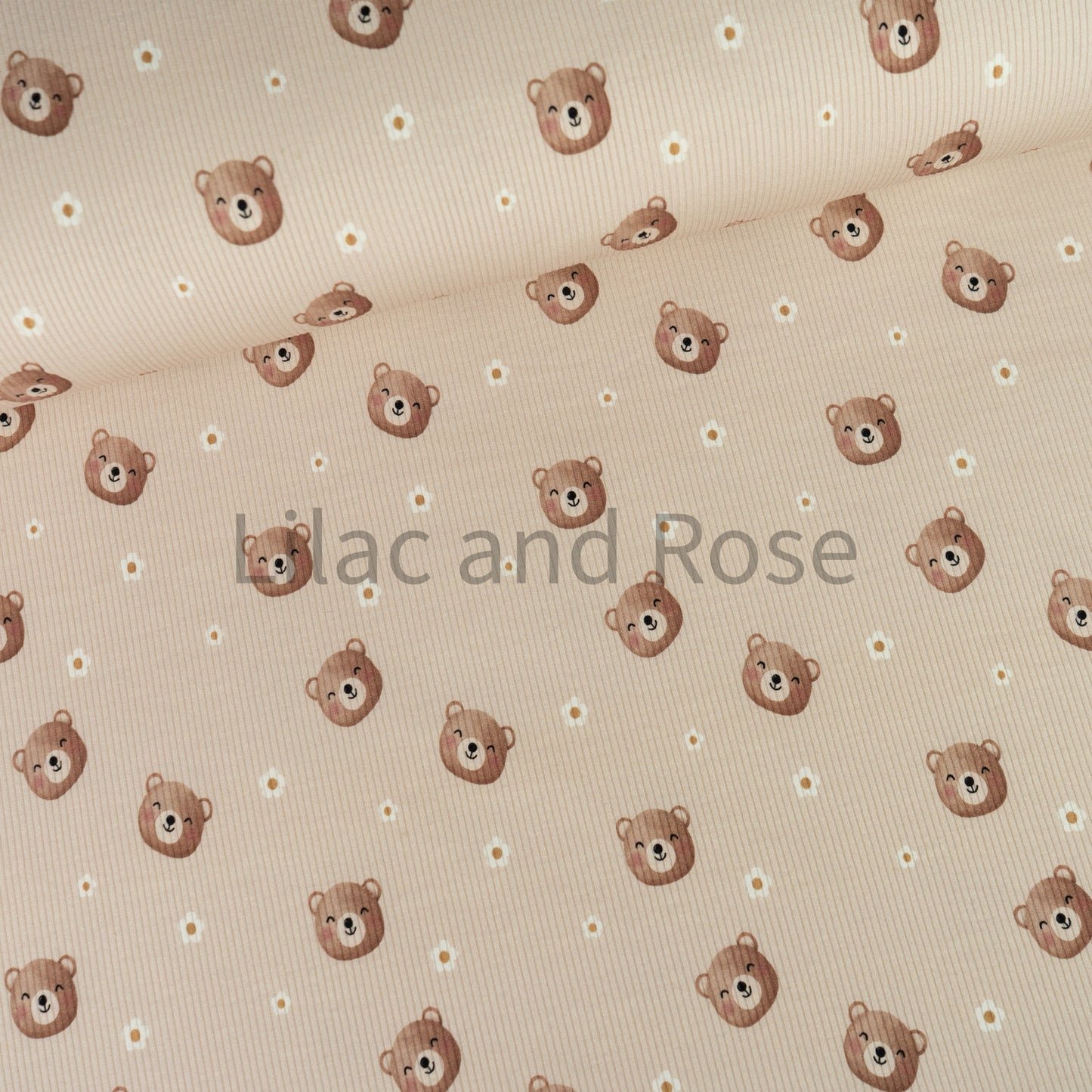 Fine Rib Knit Jersey - Bears and Flowers - Beige