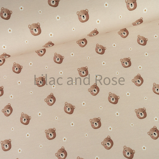 Fine Rib Knit Jersey - Bears and Flowers - Beige