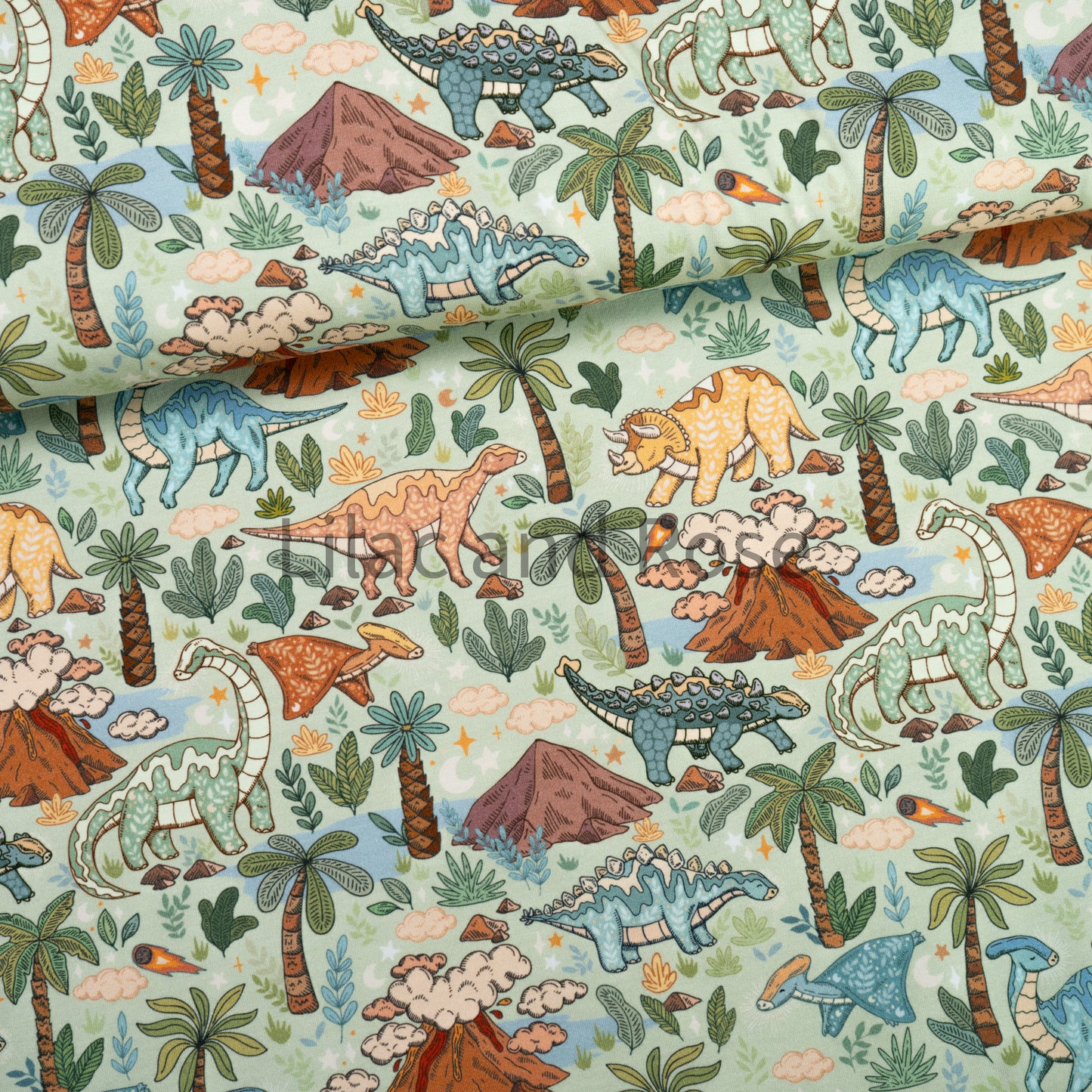 Cotton Jersey - Happy Dinos - Sage (Exclusive)