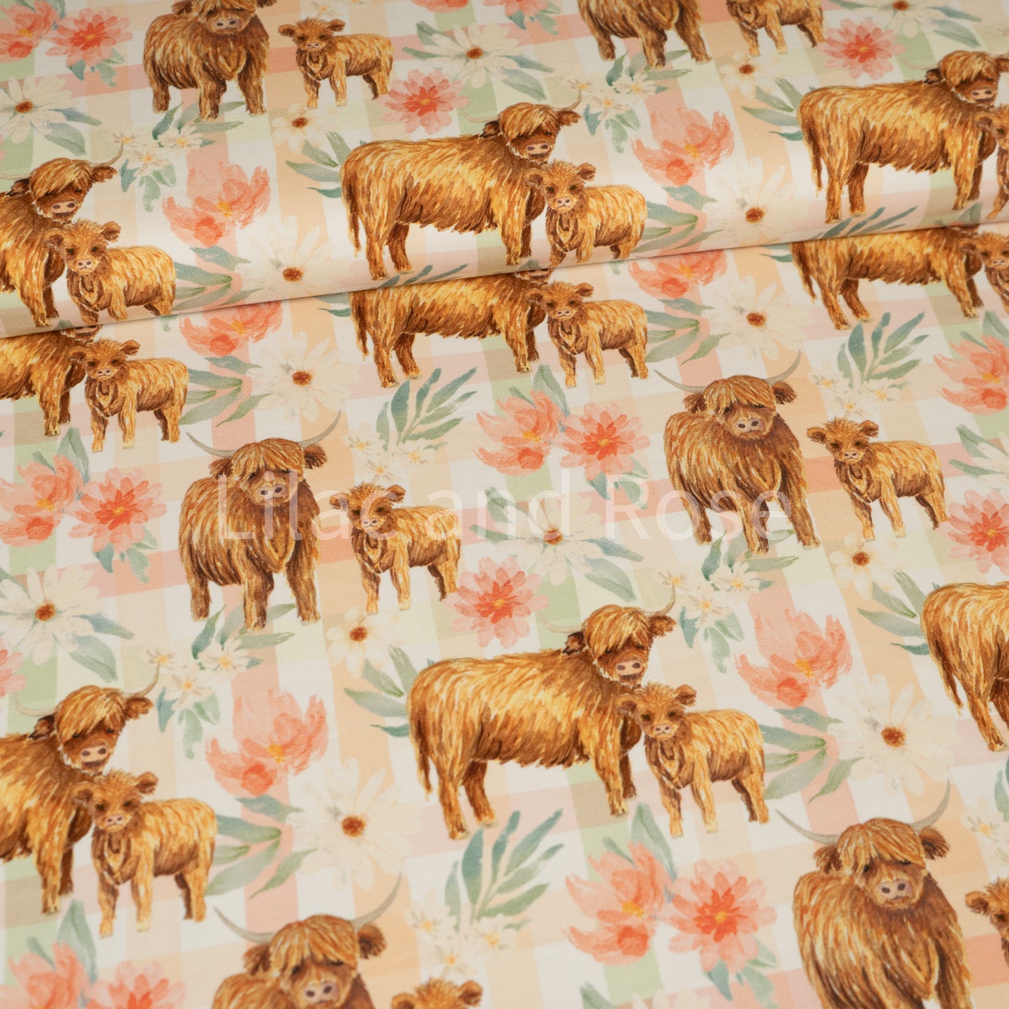 Remnant 58cm - Cotton Jersey - Floral Highland Cow Gingham