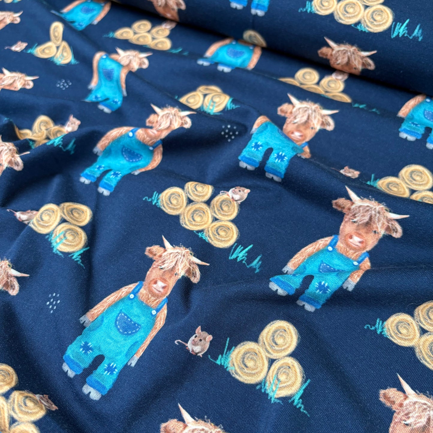 Cotton Jersey - Highland Cows in Blue