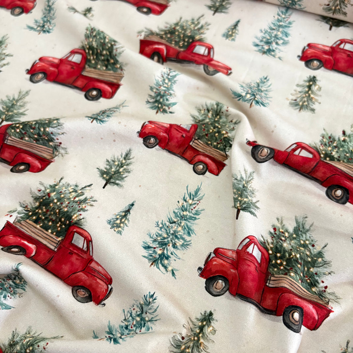 Cotton Jersey - Red Christmas Trucks