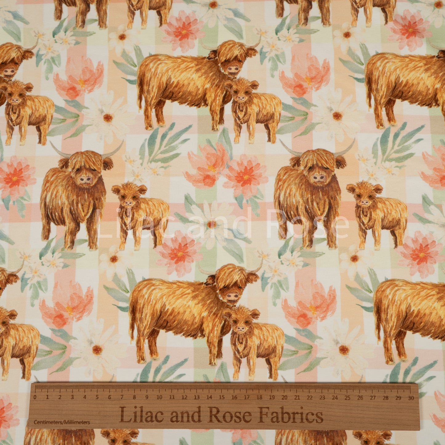 Remnant 58cm - Cotton Jersey - Floral Highland Cow Gingham