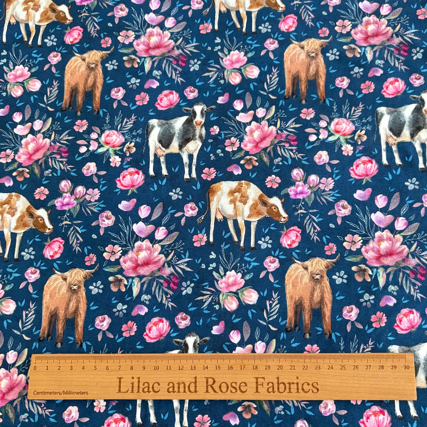 Cotton Jersey - Floral Cows - Navy