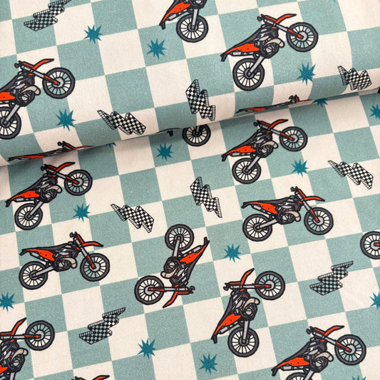 Cotton Jersey - Motorbikes - Checkerboard