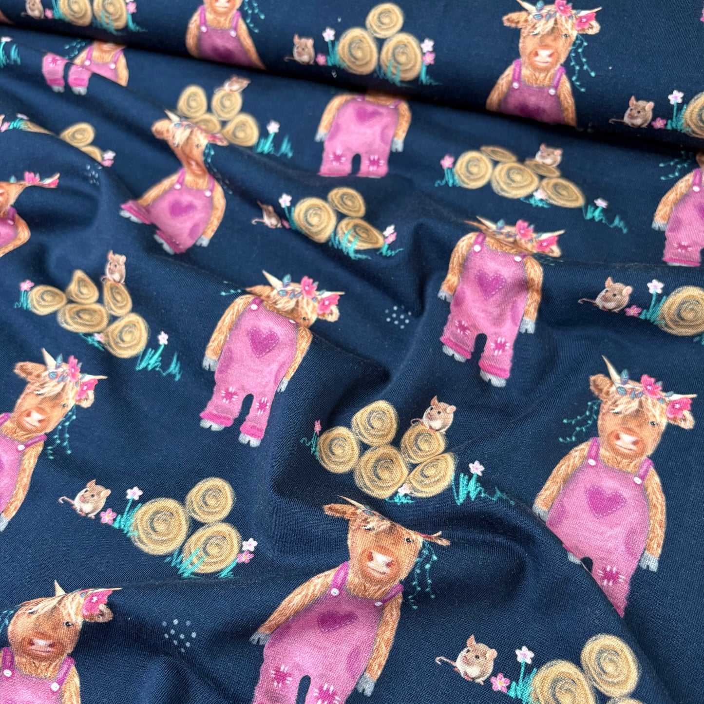 Cotton Jersey - Highland Cows in Pink