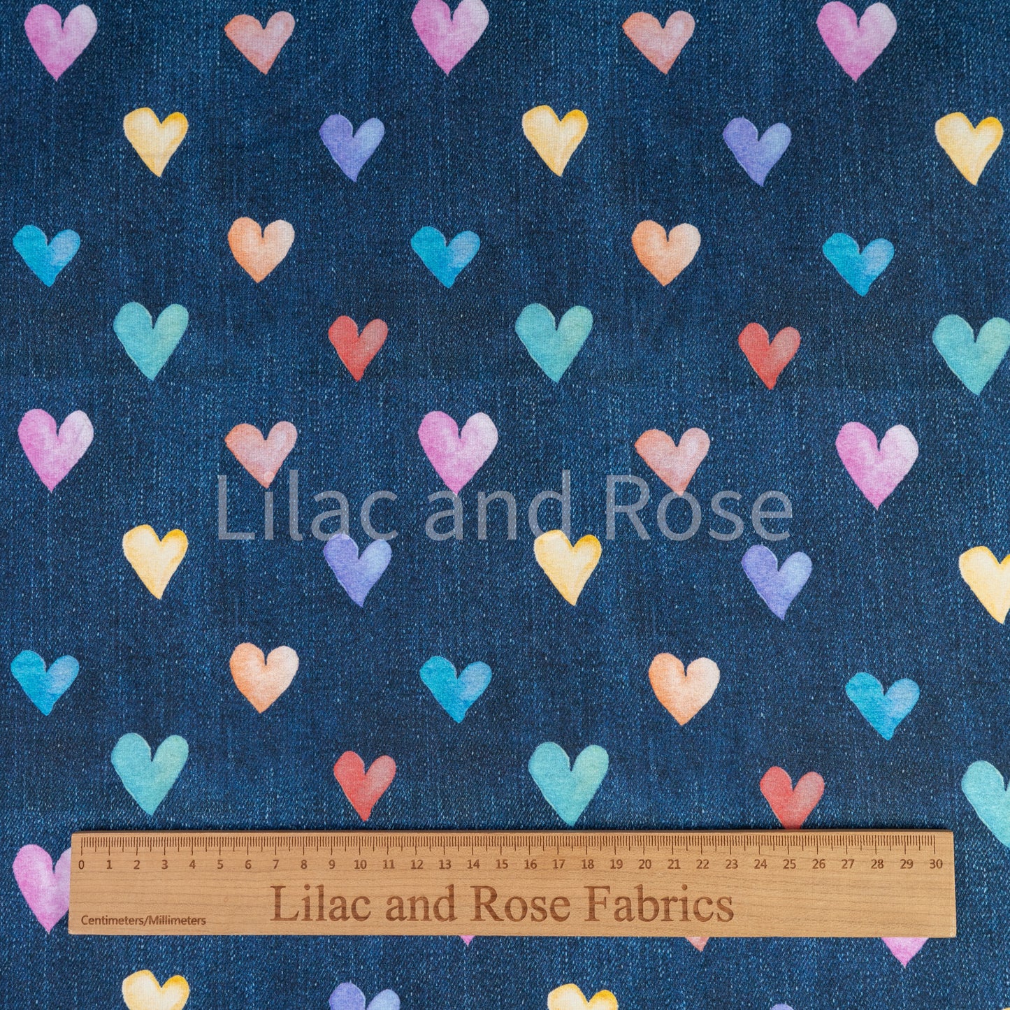 Cotton Jersey - Rainbow Hearts Denim