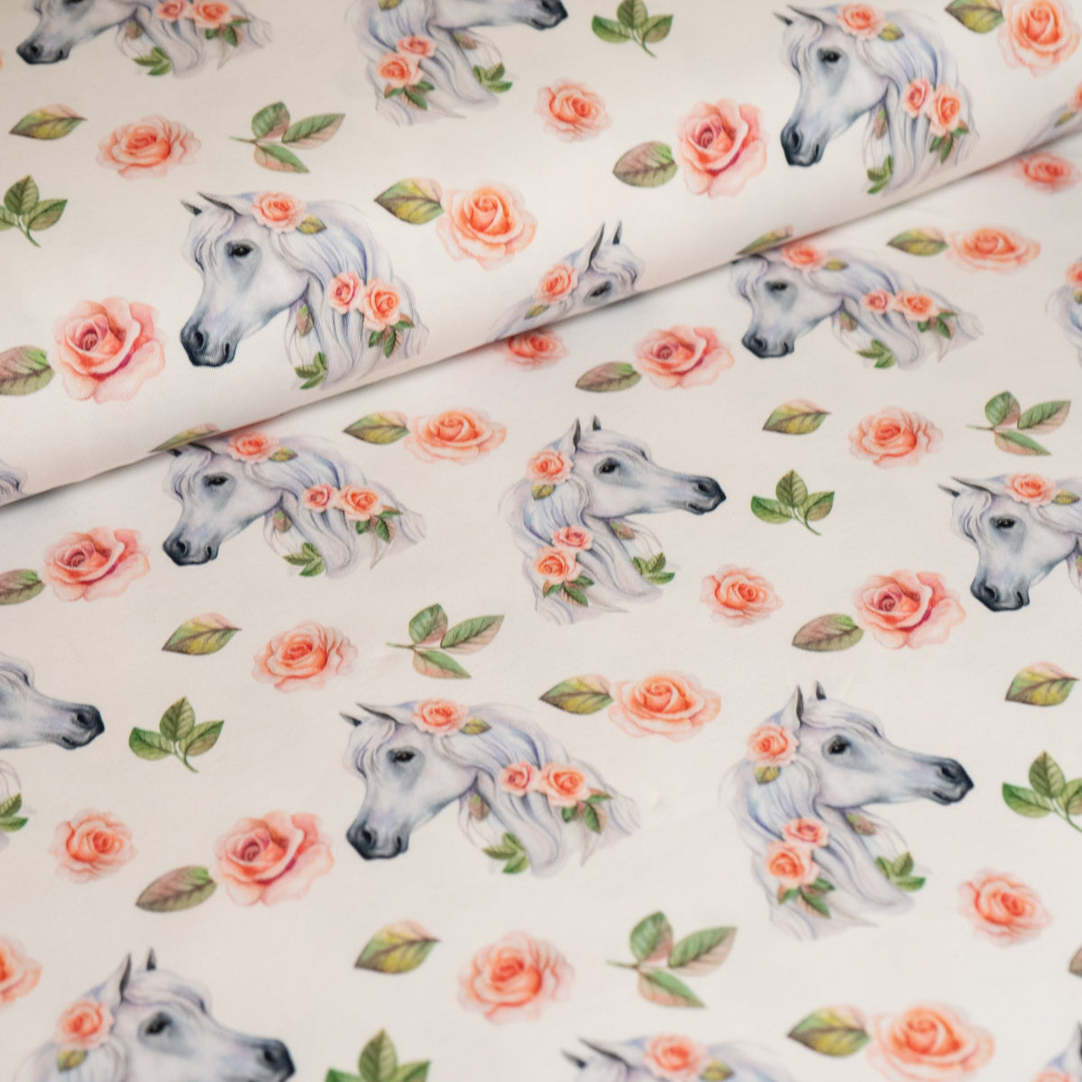Cotton Jersey - Horses and Pink Roses