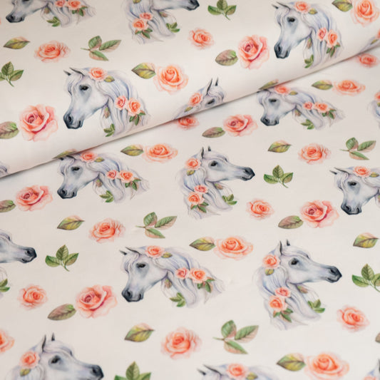 Cotton Jersey - Horses and Pink Roses